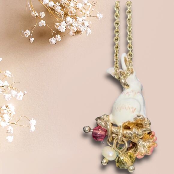 Les Nereides Enchanted Encounter Bunny on Pink Flower Pendant Necklace NWT - Picture 5 of 14